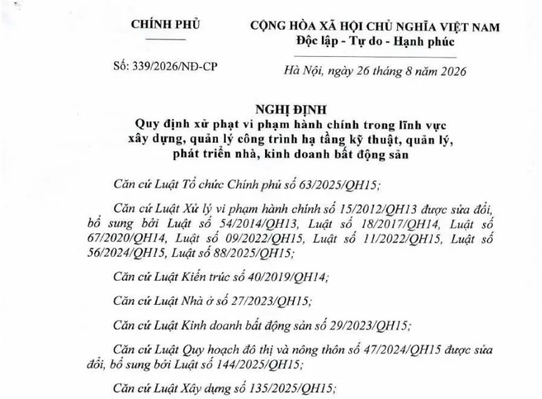Nghị định 339/2026/NĐ-CP quy định mức phạt môi giới BĐS không có chứng chỉ